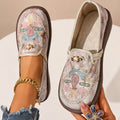 Women's Floral Embroidered Loafers – Pearl-Style Bow in Beige