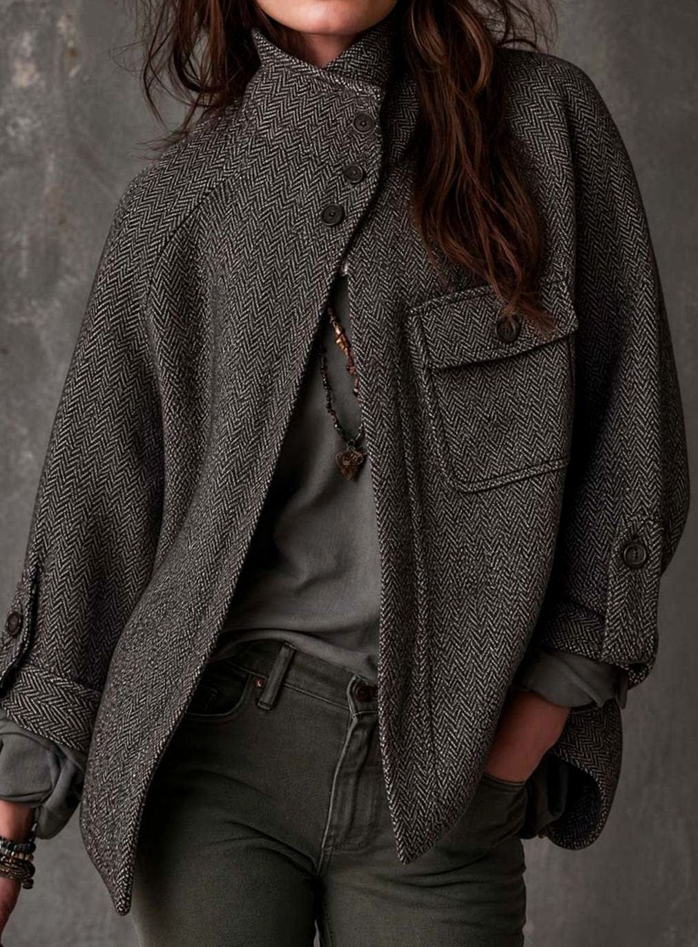 Women's Herringbone Jacket – Funnel Neck and Button Front in Gray