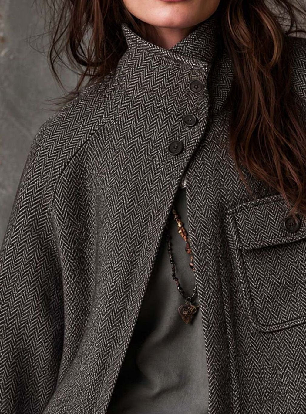 Women's Herringbone Jacket – Funnel Neck and Button Front in Gray, alternative view
