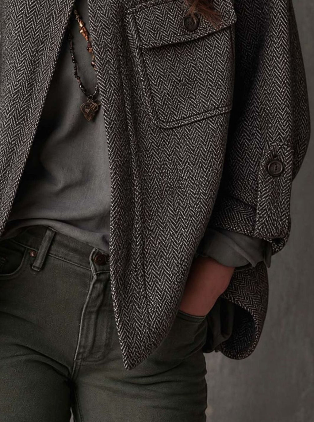 Women's Herringbone Jacket – Funnel Neck and Button Front in Gray, alternative view