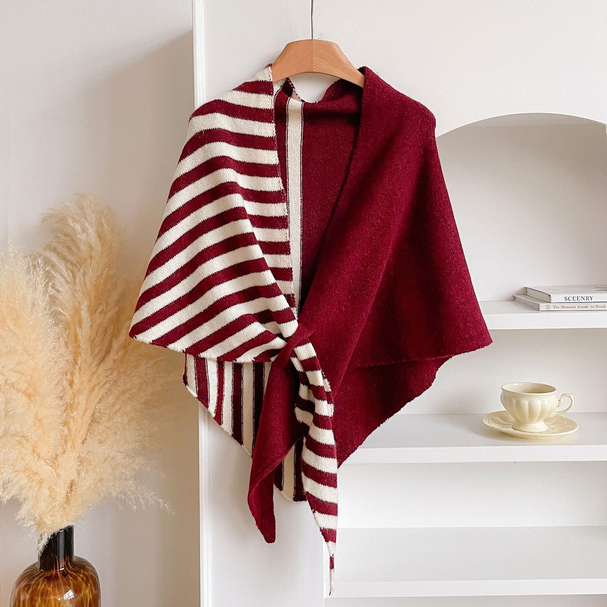 Women's Tie Front Shawl Wrap – Burgundy Half Stripe