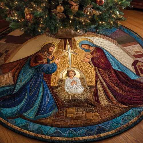 Quilted Christmas Tree Skirt – Golden Star Nativity Print in Blue/Gold/Burgundy