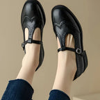Women's Brogue Mary Jane Shoes – T-Strap and Block Heel in Black