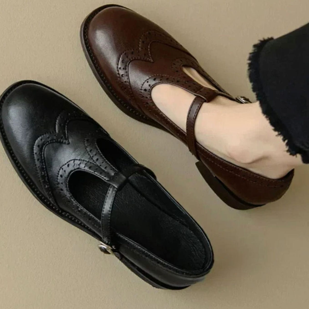 Women's Brogue Mary Jane Shoes – T-Strap and Block Heel, alternative view