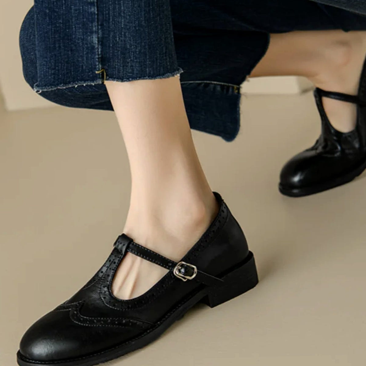 Women's Brogue Mary Jane Shoes – T-Strap and Block Heel, alternative view