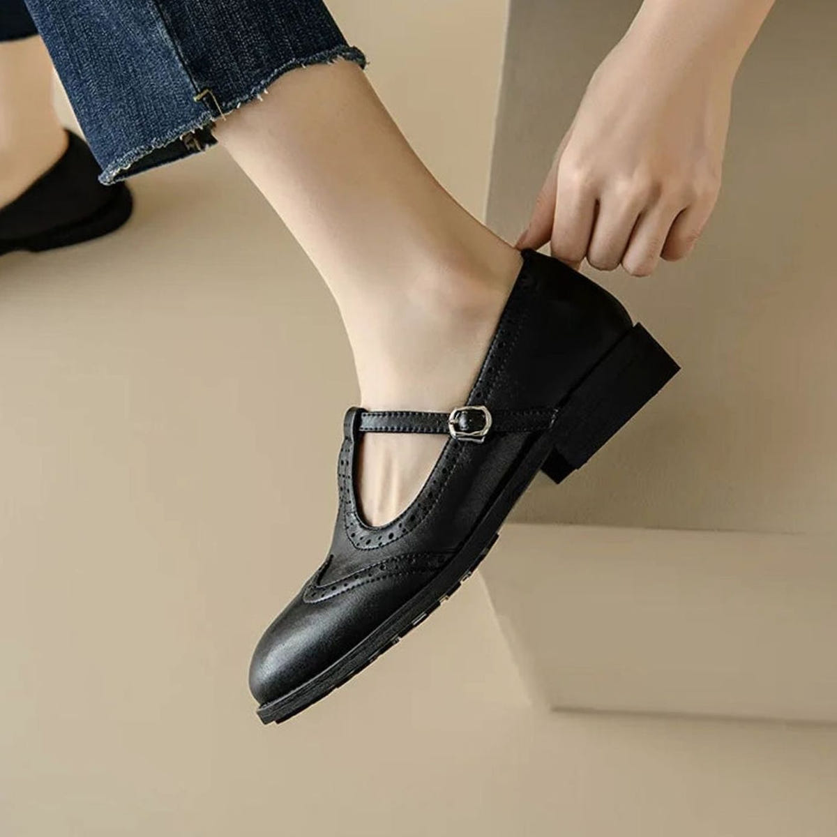 Women's Brogue Mary Jane Shoes – T-Strap and Block Heel, alternative view