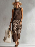 Women's Leopard-Panel Knit Dress – Sleeveless Bodice in Brown/Beige