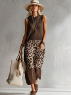 Women's Leopard-Panel Knit Dress – Sleeveless Bodice in Brown/Beige