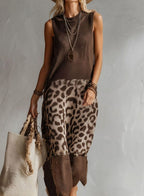 Women's Leopard-Panel Knit Dress – Sleeveless Bodice in Brown/Beige, alternative view