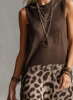 Women's Leopard-Panel Knit Dress – Sleeveless Bodice in Brown/Beige, alternative view