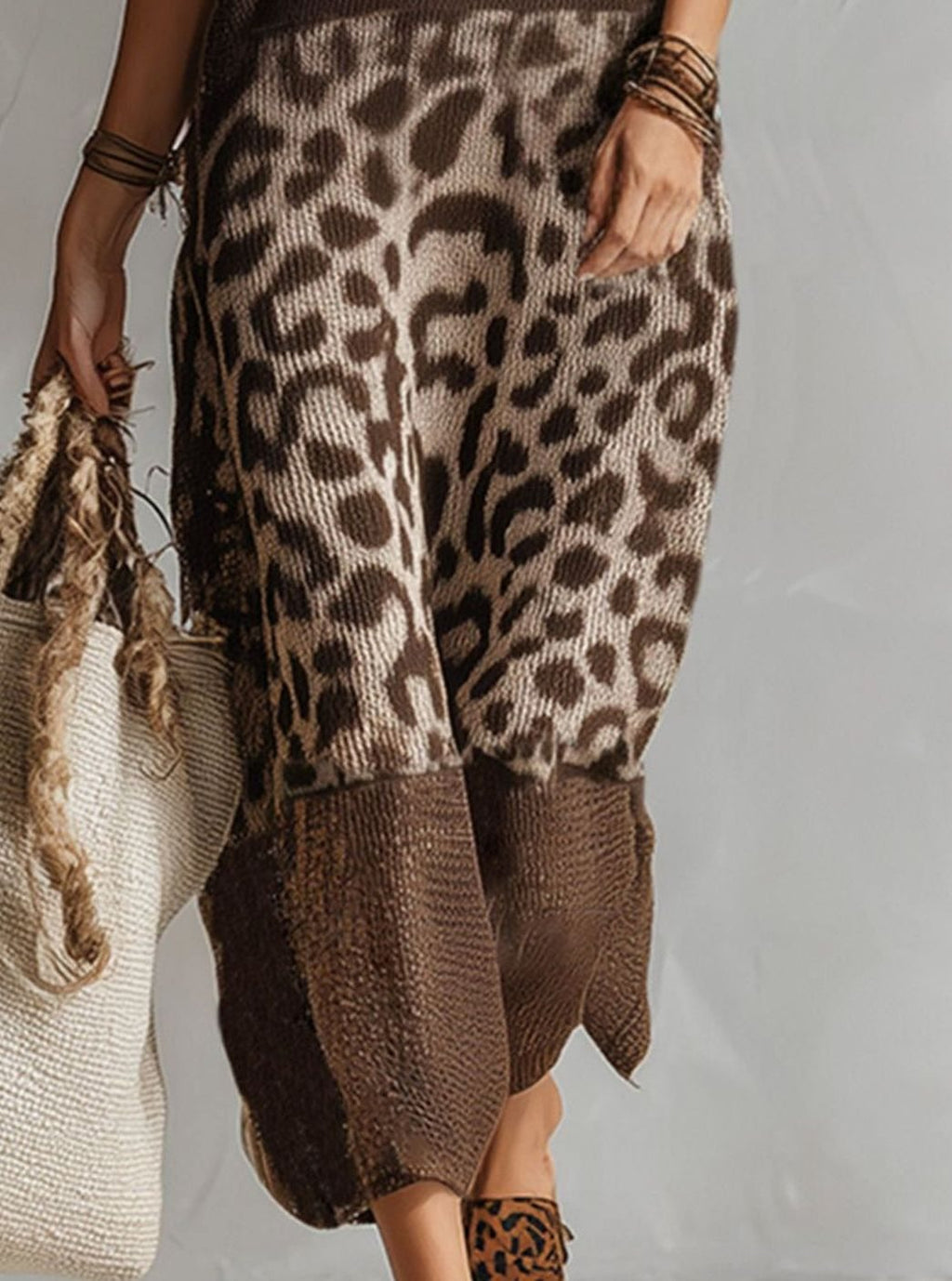 Women's Leopard-Panel Knit Dress – Sleeveless Bodice in Brown/Beige, alternative view