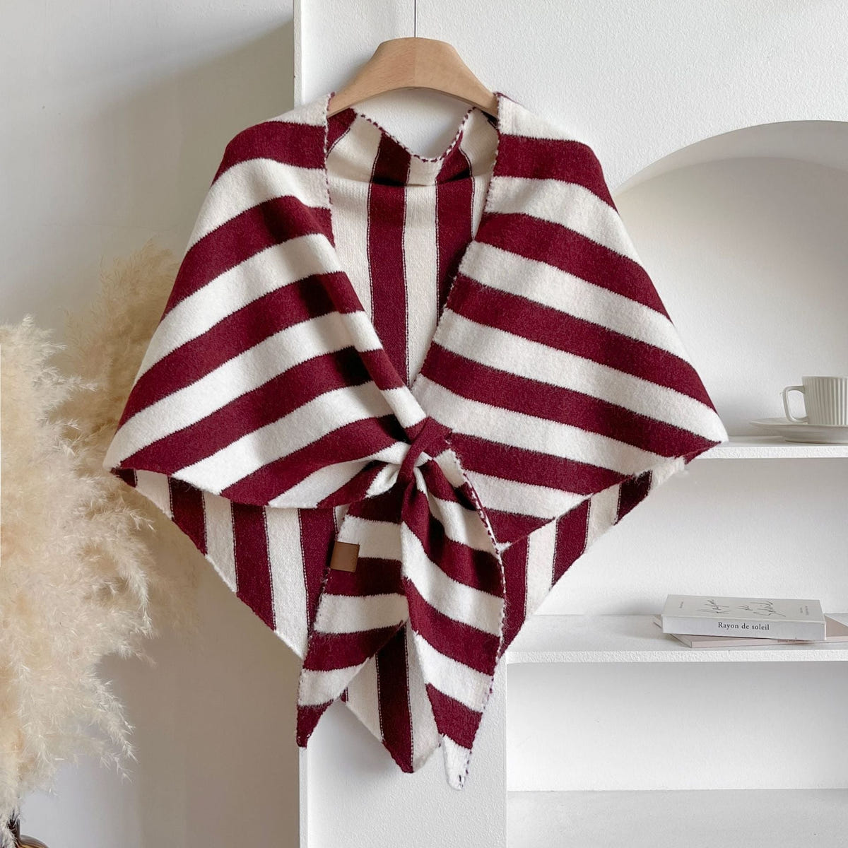 Women's Tie Front Shawl Wrap – Burgundy and White Stripes in Burgundy / White