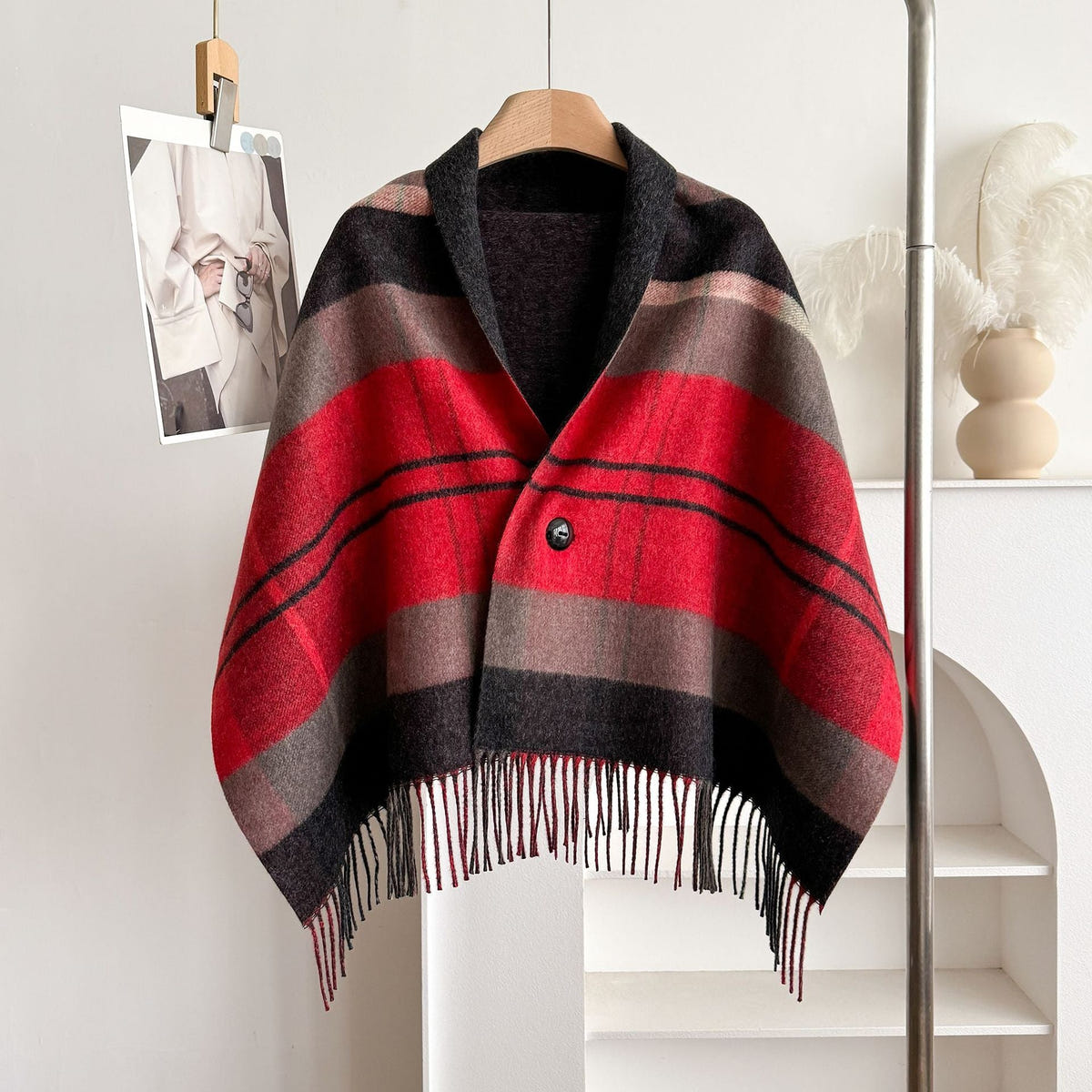 Women's Tassel Poncho Cape – Red and Charcoal Color Block Check