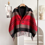 Women's Tassel Poncho Cape – Red and Charcoal Color Block Check