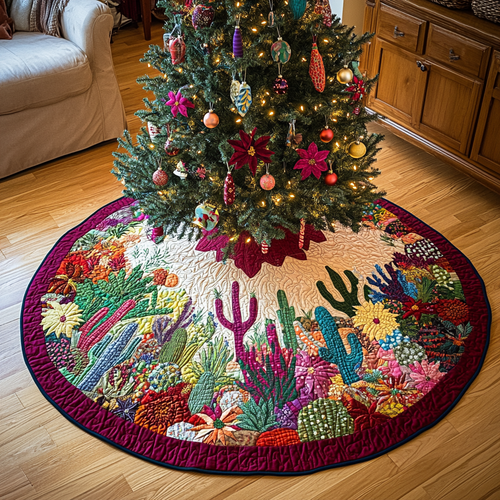Quilted Christmas Tree Skirt – Cactus Floral Print, Burgundy Border in Cream/Burgundy/Green