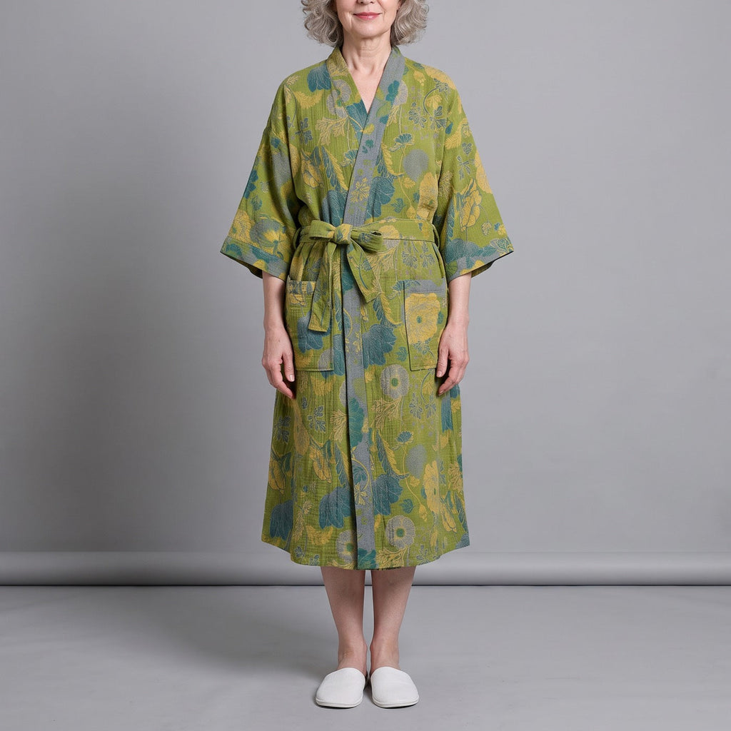 Women's Kimono Robe – Botanical Print, Olive Green