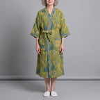 Women's Kimono Robe – Botanical Print, Olive Green
