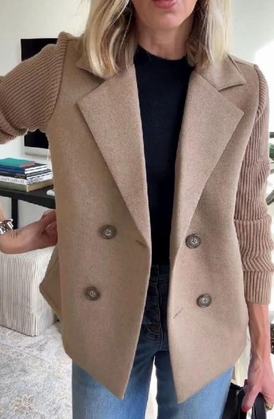 Women's Double-Breasted Blazer – Ribbed Knit Sleeves in Khaki
