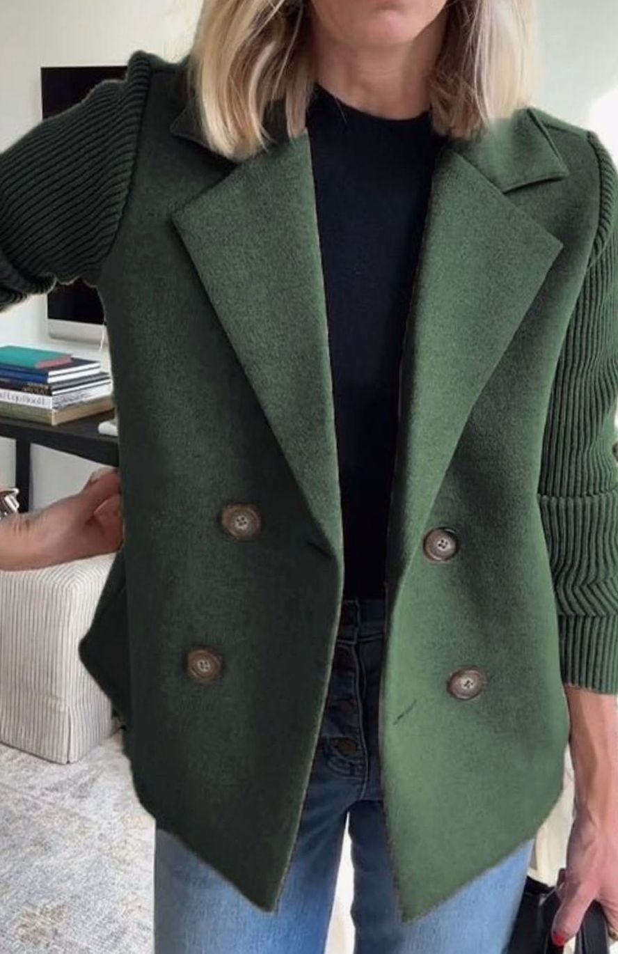 Women's Double-Breasted Blazer – Ribbed Knit Sleeves in Green