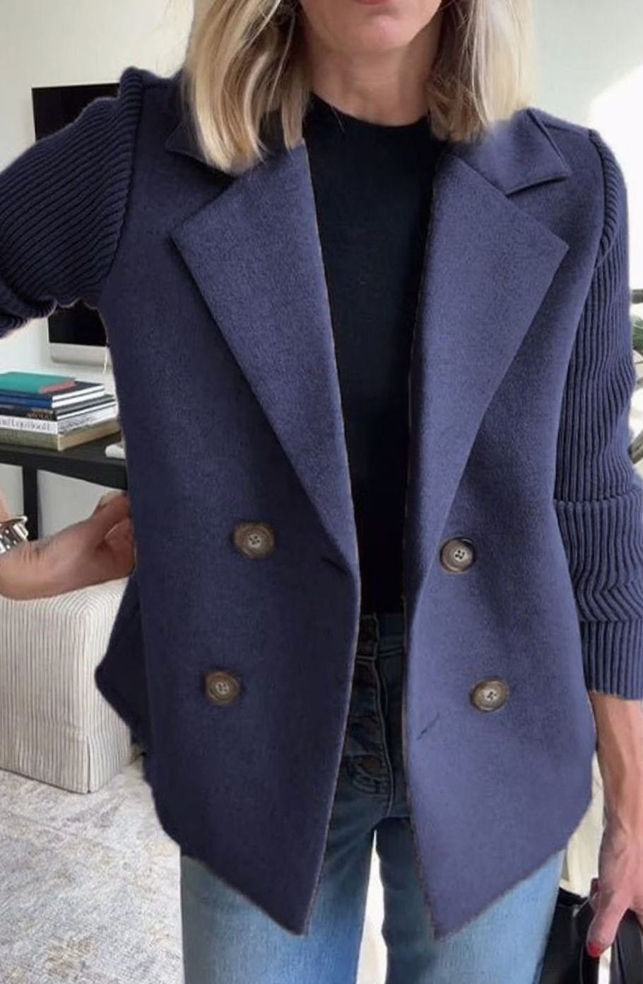 Women's Double-Breasted Blazer – Ribbed Knit Sleeves in Blue
