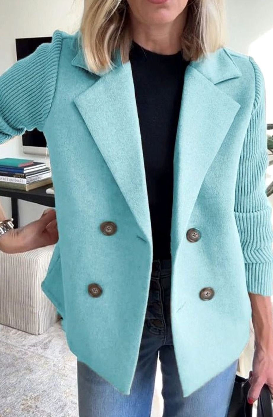 Women's Double-Breasted Blazer – Ribbed Knit Sleeves in Light Blue