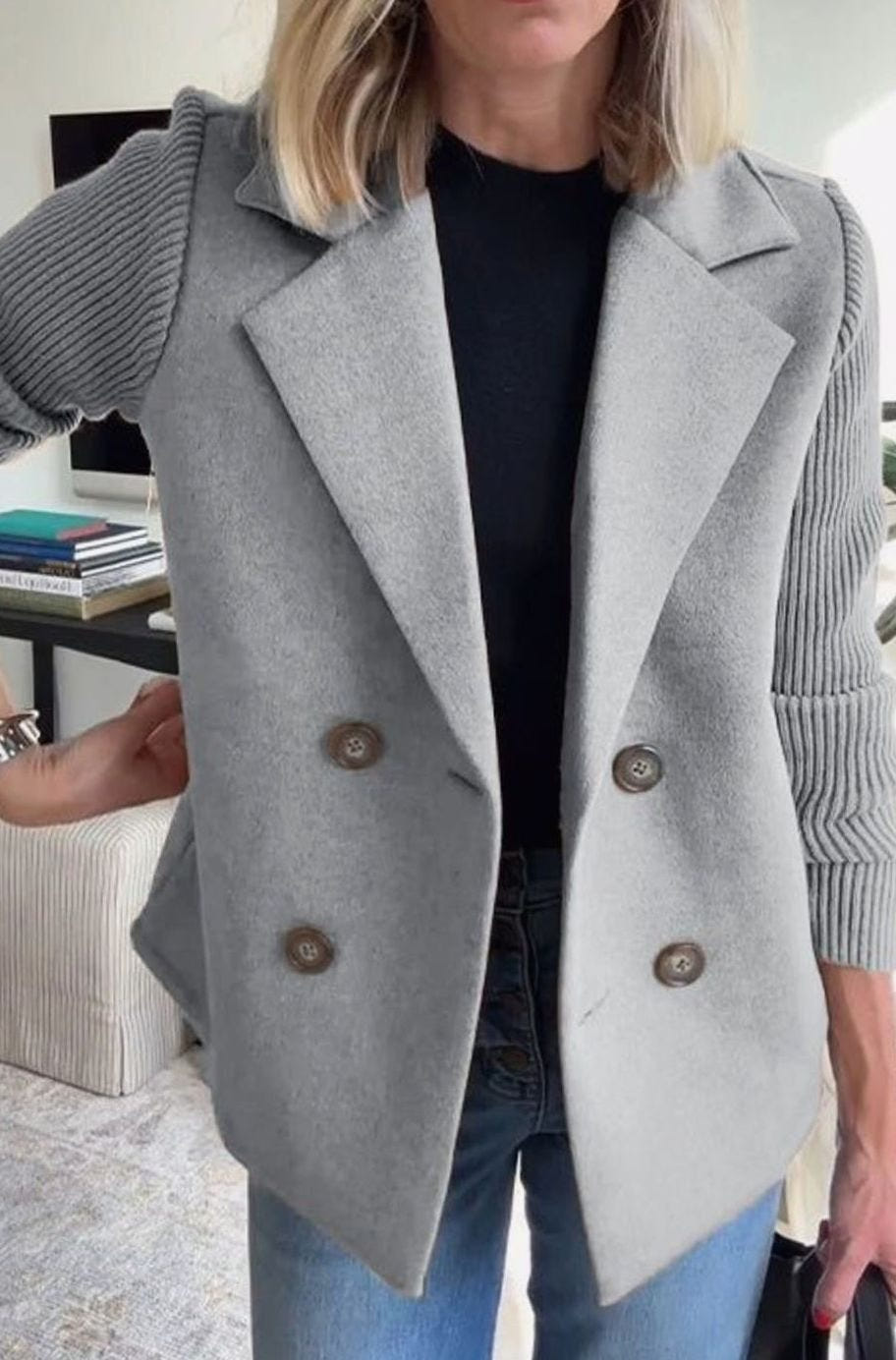 Women's Double-Breasted Blazer – Ribbed Knit Sleeves in Gray