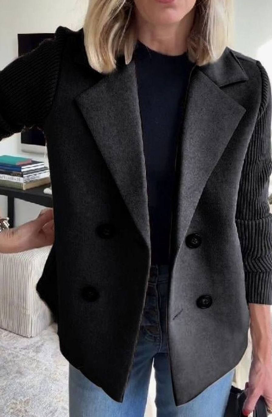 Women's Double-Breasted Blazer – Ribbed Knit Sleeves in Black
