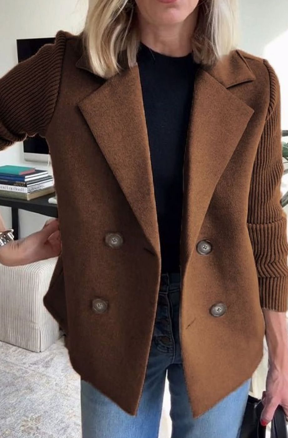 Women's Double-Breasted Blazer – Ribbed Knit Sleeves in Brown