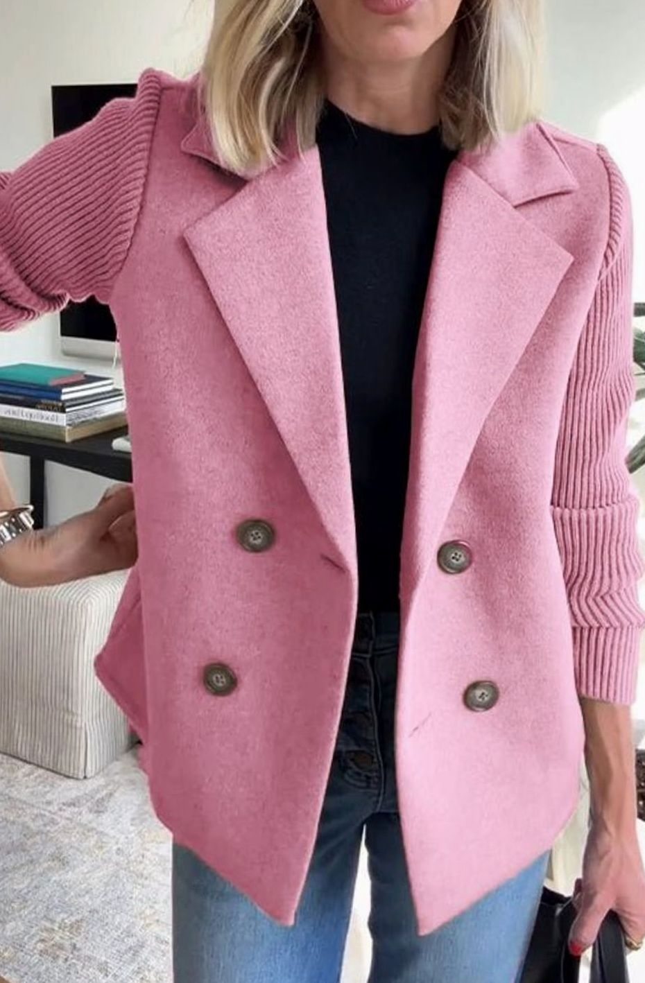 Women's Double-Breasted Blazer – Ribbed Knit Sleeves in Pink