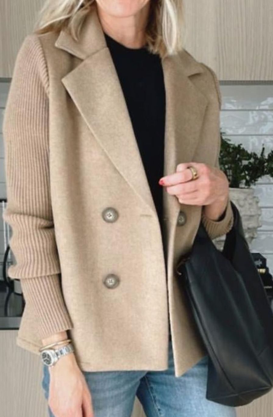 Women's Double-Breasted Blazer – Ribbed Knit Sleeves in Beige