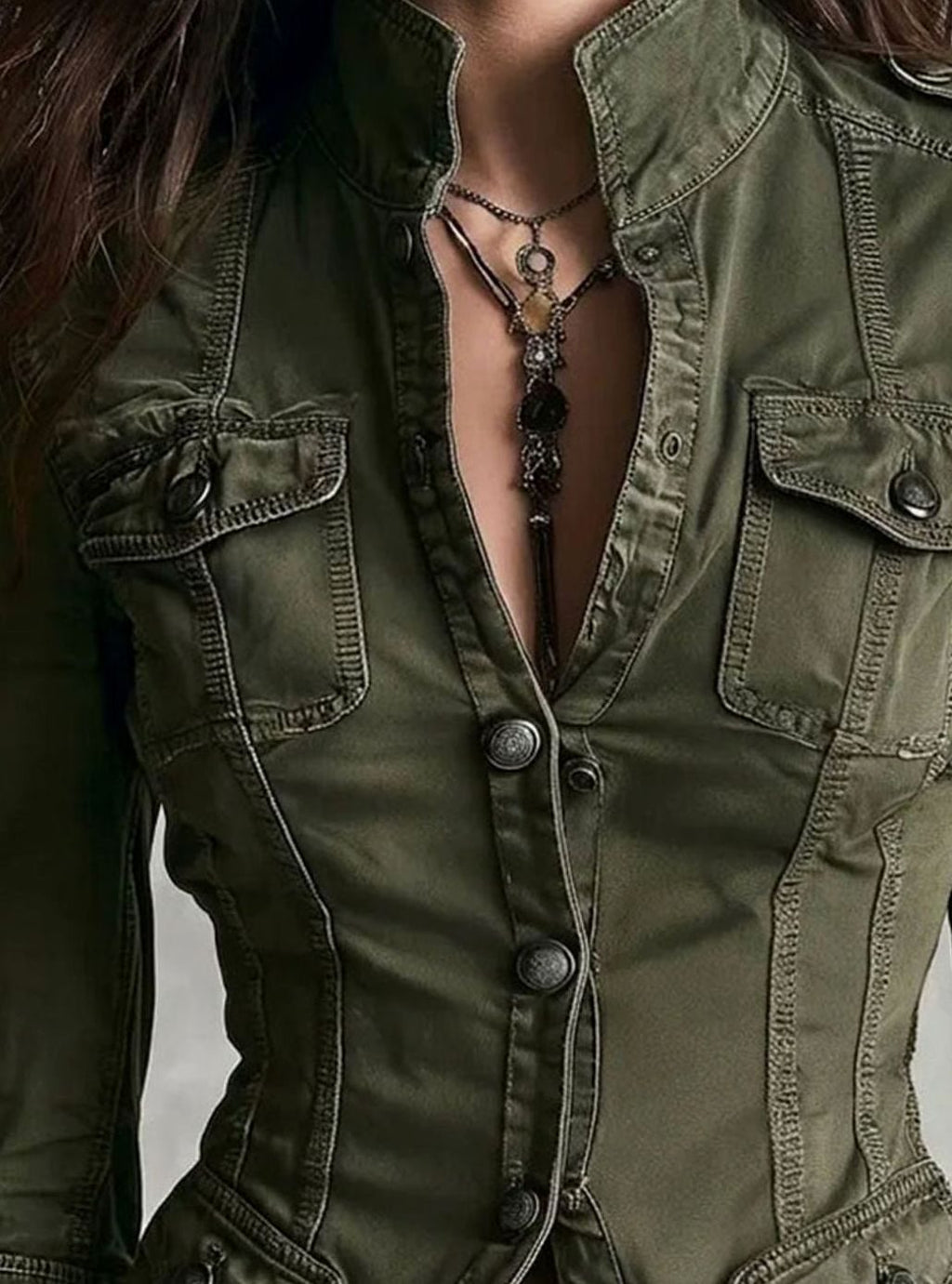 Women's Utility Jacket – Military Buttons and Four Pockets in Army Green, alternative view