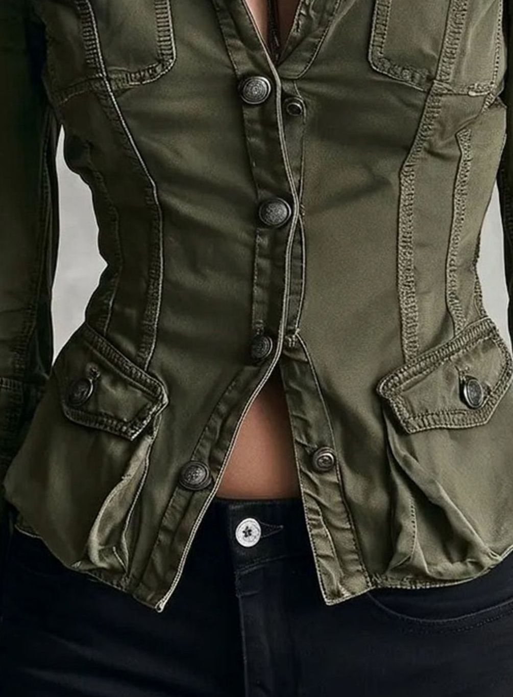 Women's Utility Jacket – Military Buttons and Four Pockets in Army Green, alternative view
