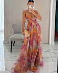 Women's Floral Maxi Evening Dress – Cross-Wrap Bodice in Orange