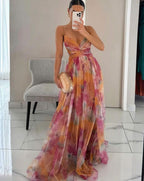 Women's Floral Maxi Evening Dress – Cross-Wrap Bodice in Orange