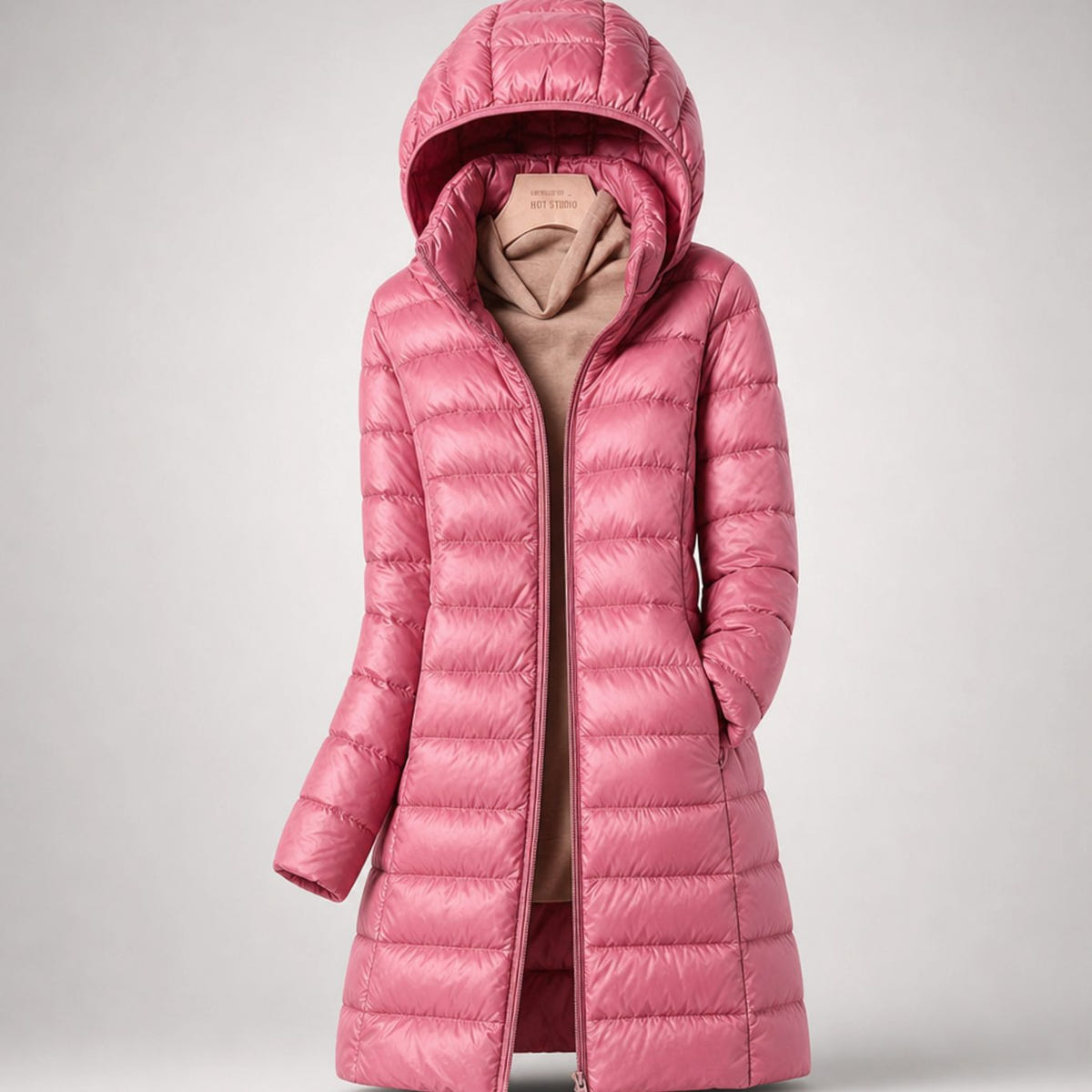 Women's Long Hooded Puffer Jacket – Front Zip in Pink