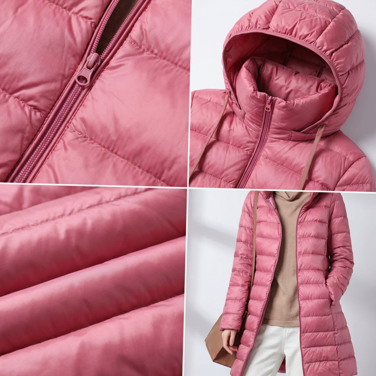 Women's Long Hooded Puffer Jacket – Front Zip, alternative view