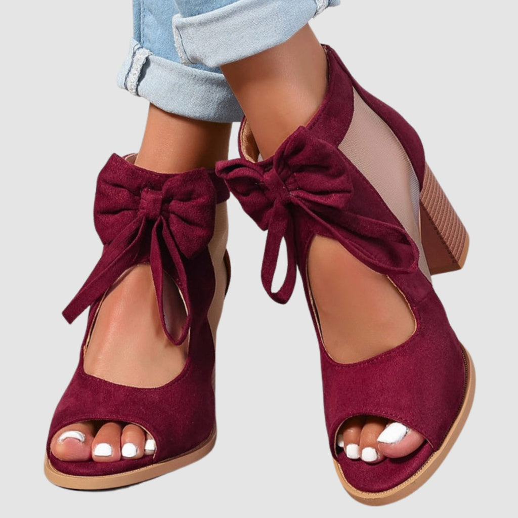 Women's Peep-Toe Block-Heel Sandals – Bow Detail in Burgundy