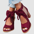 Women's Peep-Toe Block-Heel Sandals – Bow Detail in Burgundy