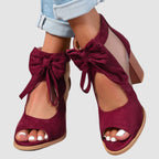 Women's Peep-Toe Block-Heel Sandals – Bow Detail in Burgundy