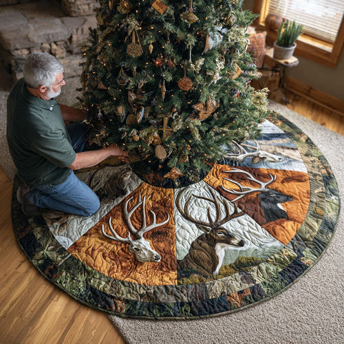 Quilted Christmas Tree Skirt – Stag and Elk Panel Print in Brown/Cream/Green