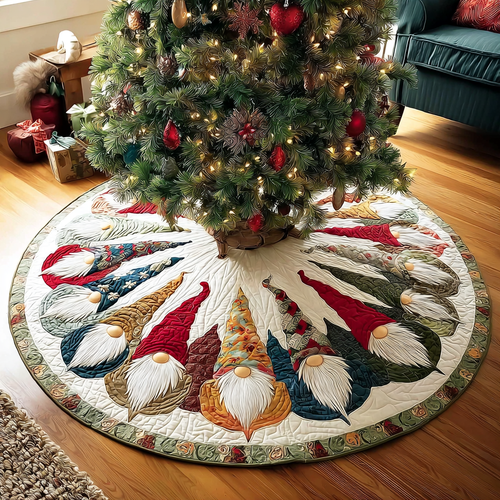Quilted Christmas Tree Skirt – Gnome Print, Cream