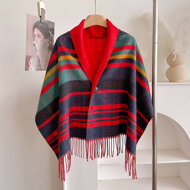 Women's Tassel Poncho Cape – Red and Navy Check in Navy/Red/Green