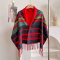 Women's Tassel Poncho Cape – Red and Navy Check in Navy/Red/Green