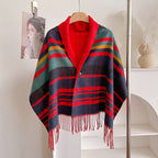 Women's Tassel Poncho Cape – Red and Navy Check in Navy/Red/Green