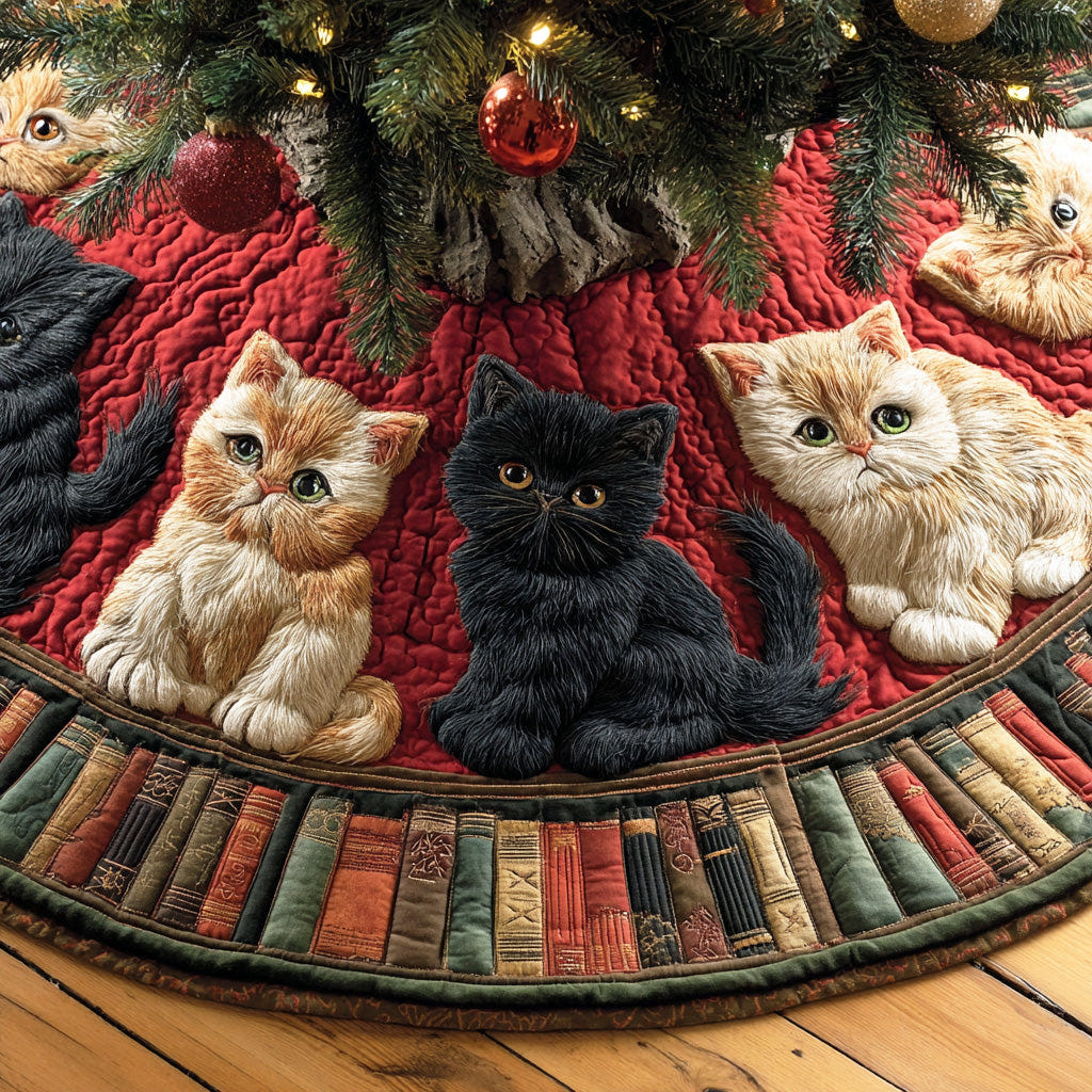 Quilted Christmas Tree Skirt – Kitten and Book Print, Red