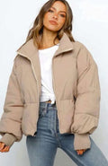 Women's Cropped Puffer Jacket – Stand Collar and Front Zip in Khaki