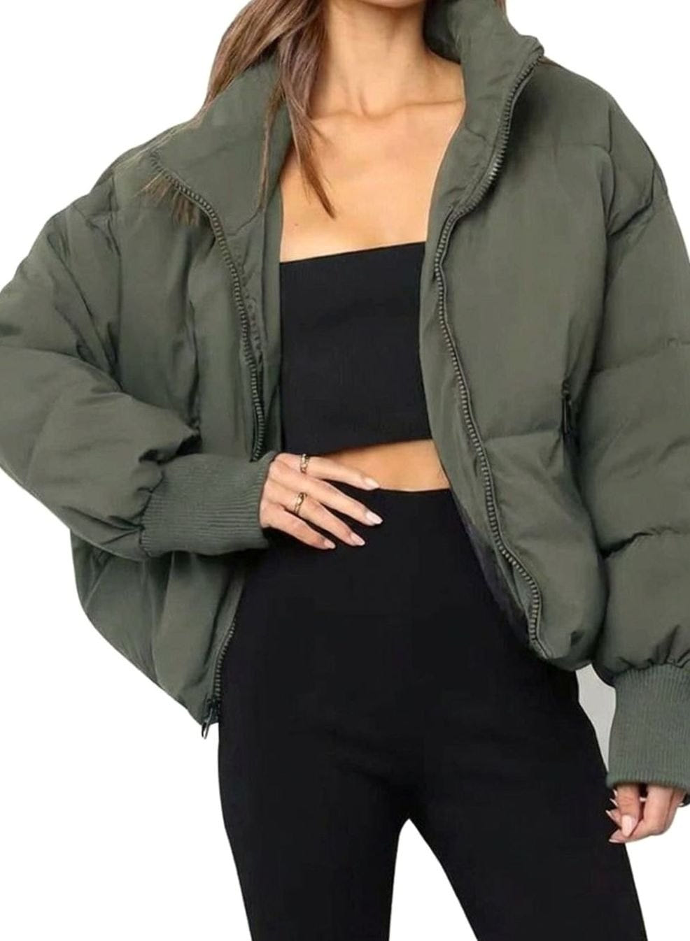 Women's Cropped Puffer Jacket – Stand Collar and Front Zip in Green