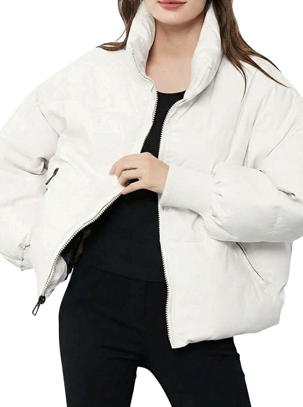 Women's Cropped Puffer Jacket – Stand Collar and Front Zip in White