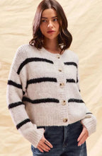 Women's Striped Button-Front Cardigan – Gold-Tone Buttons in White