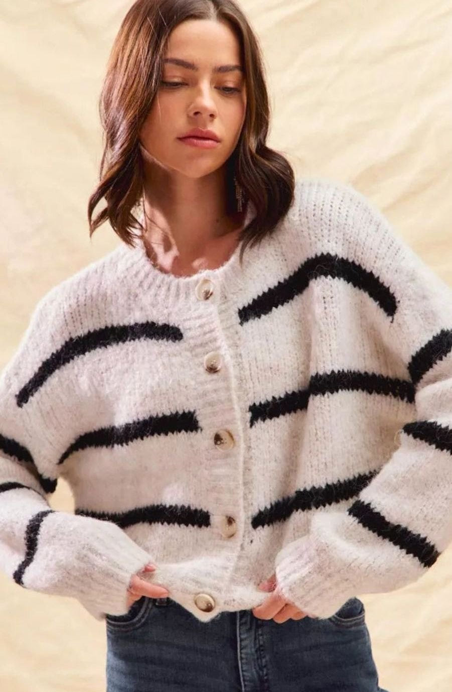 Women's Striped Button-Front Cardigan – Gold-Tone Buttons in White, alternative view